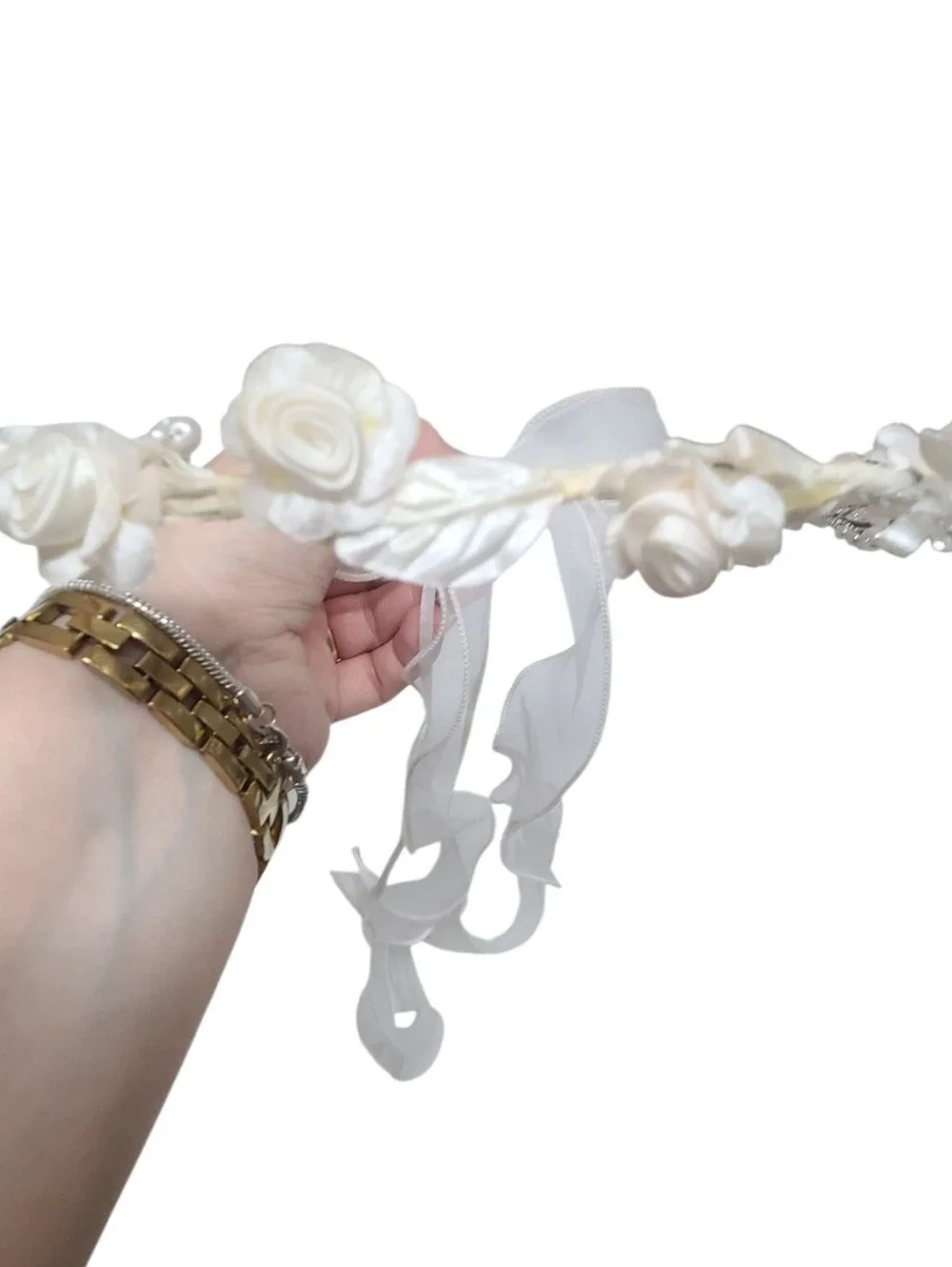 White Satin Rosebud Flower Crown Headband Wedding Communion Organza Ribbon Bow